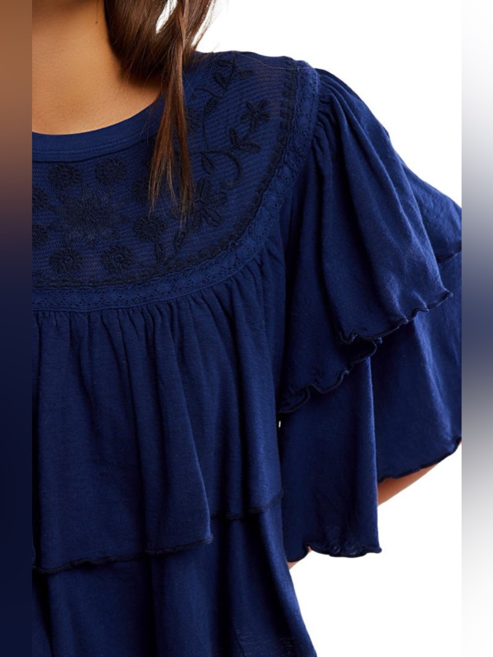 FREE PEOPLE Rose Party T-Shirt Tiered Ruffle Embroidered in Blue Size M NWT - Picture 3 of 4